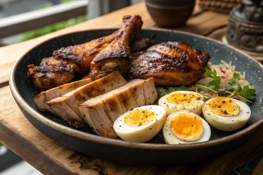 Carnivore Diet Chicken Recipes That Nourish and Satisfy 2 Grilled chicken with roasted bone marrow and soft-boiled eggs on a ceramic carnivore plate