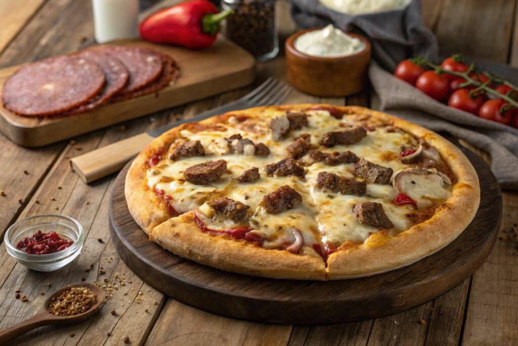 carnivore pizza recipe on wooden table