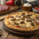 carnivore pizza recipe on wooden table