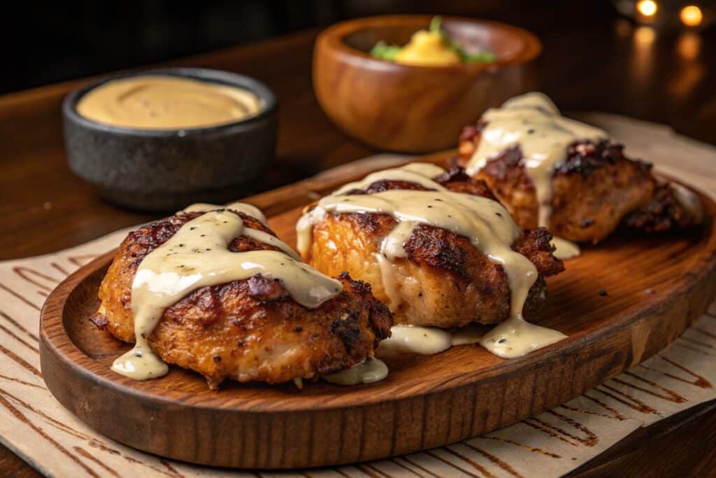 Carnivore Diet Chicken Recipes That Nourish and Satisfy 3 Roasted chicken topped with gouda cheese and whipped beef tallow sauce