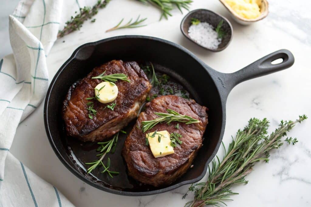 Seared ribeye steaks in cast iron skillet with butter and herbs – carnivore diet recipe