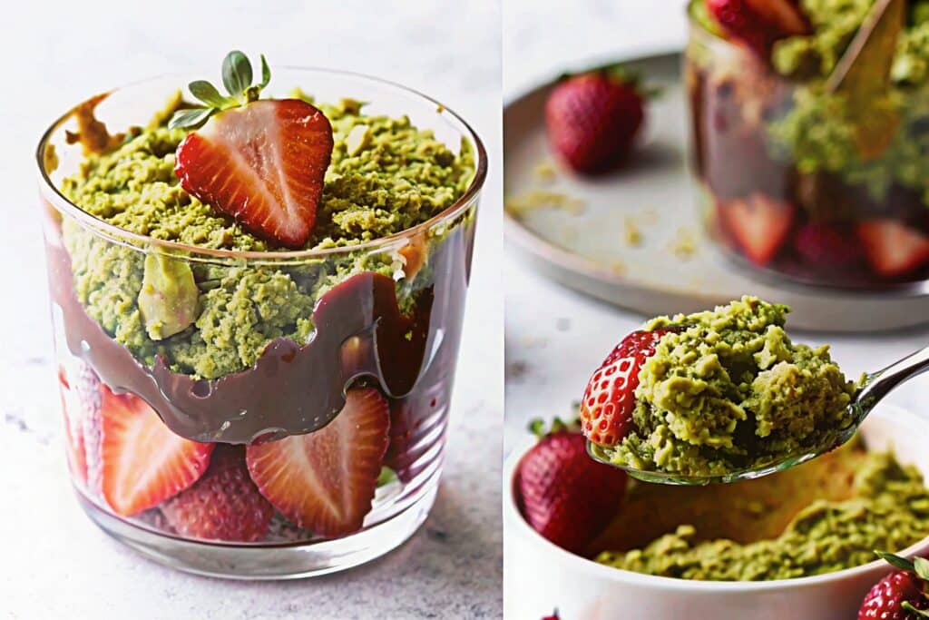 Dubai chocolate strawberries dessert layered with pistachio crumble and chocolate drizzle