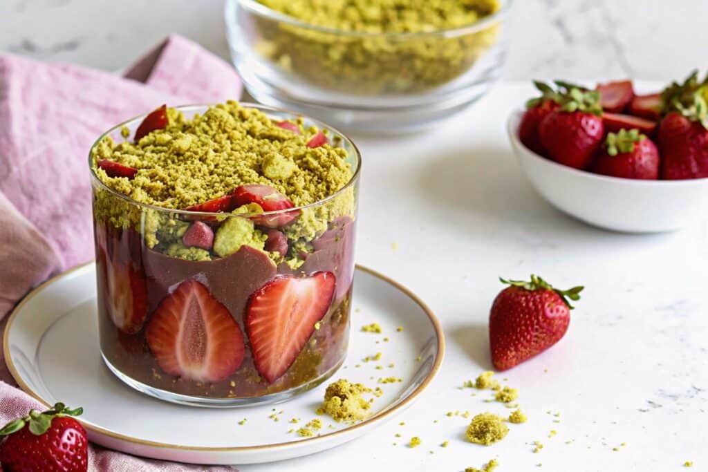 Dubai-style chocolate strawberry dessert served in a clear glass with pistachio crumble