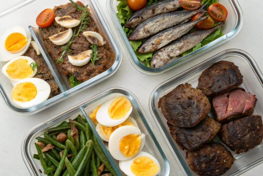 Carnivore diet meal prep with meats and eggs in glass containers