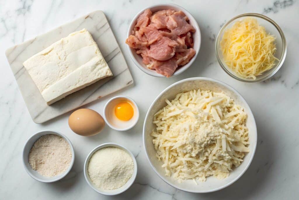 Ingredients for carnivore pizza crust including mozzarella, chicken skin, egg, and butter
