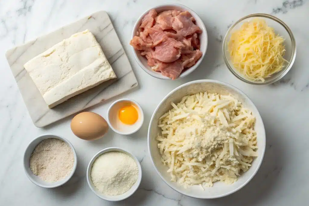 Ingredients for carnivore pizza crust including mozzarella, chicken skin, egg, and butter