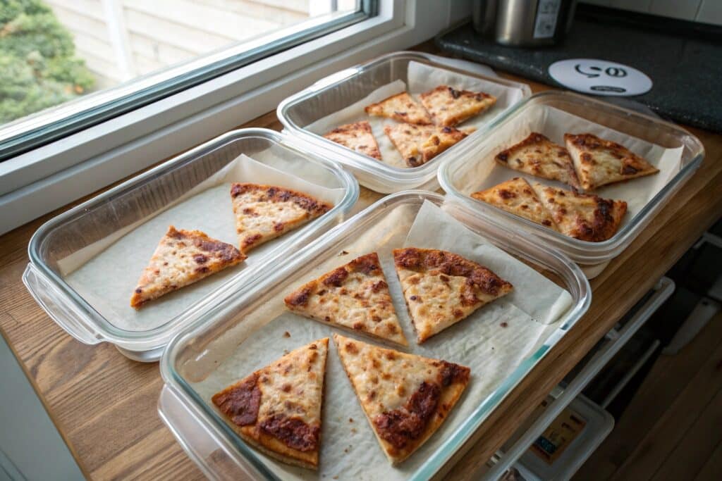 Slices of carnivore pizza crust stored in glass containers for weekly meal prep