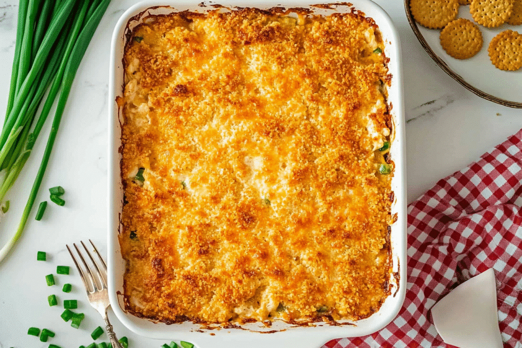 Freshly baked Ritz Cracker Chicken Casserole ready to serve