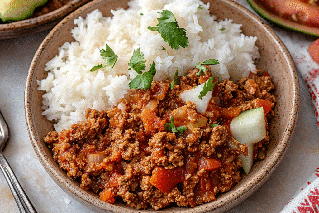 carne molida served in a rustic clay bowl