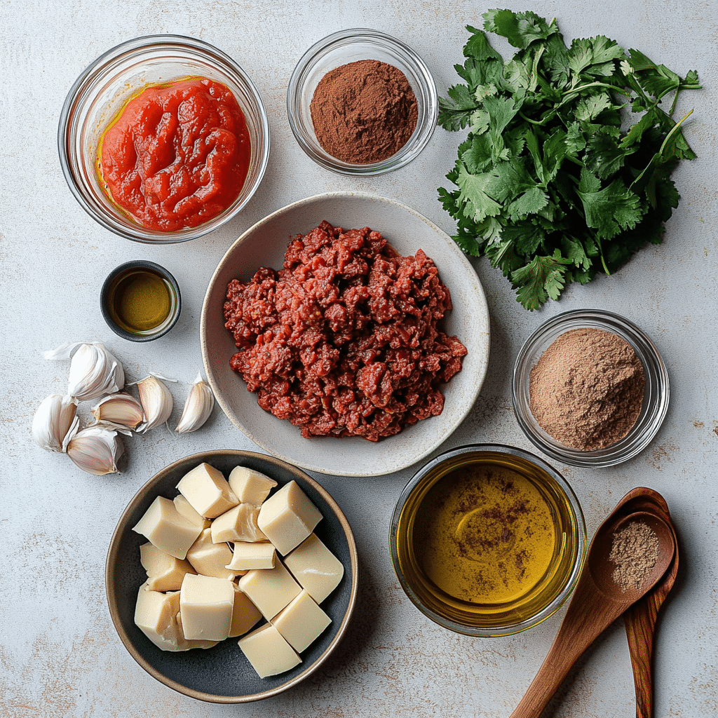 carne molida ingredients on rustic surface