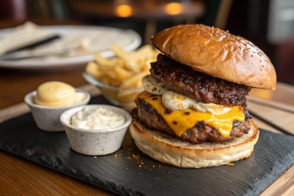Carnivore diet recipes showing a stacked burger with beef patties, fried egg, and cheddar cheese