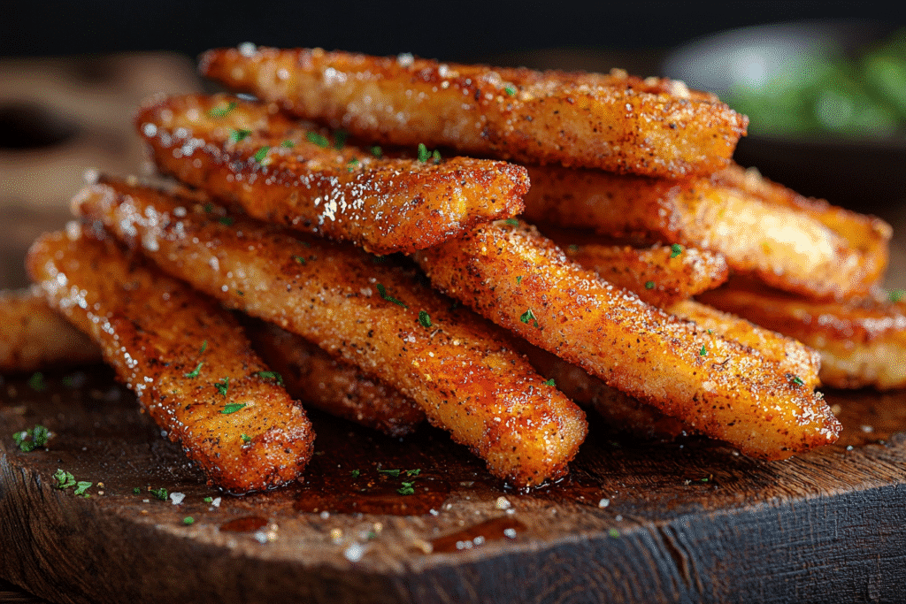 Carnivore Chicken Fries – Crispy, Zero-Carb Snack You’ll Crave 7 Crispy Carnivore Chicken Fries stacked on a rustic wooden board