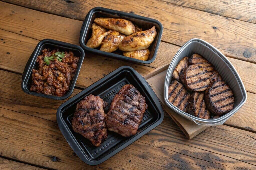 Carnivore diet meal prep containers with a variety of cooked meats