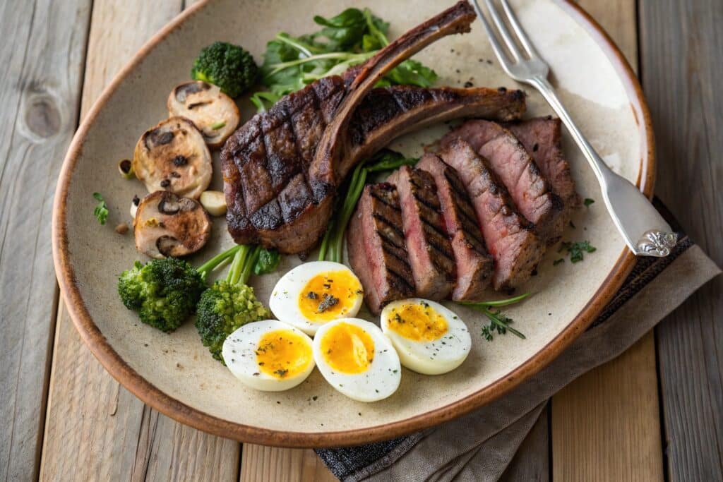 carnivore diet menu plate with ribeye steak, eggs, and lamb
