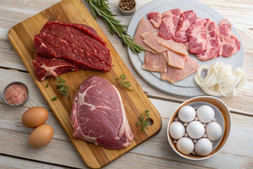 Raw meats and eggs used for carnivore diet meal prep