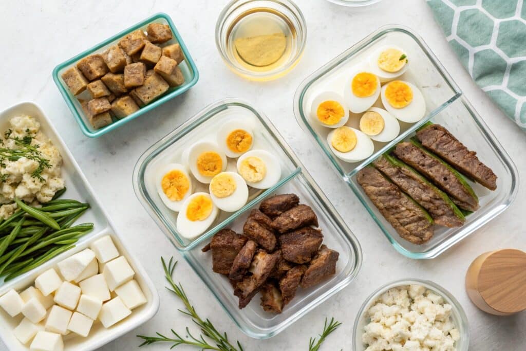carnivore meal prep containers with beef, eggs, sardines, and lamb