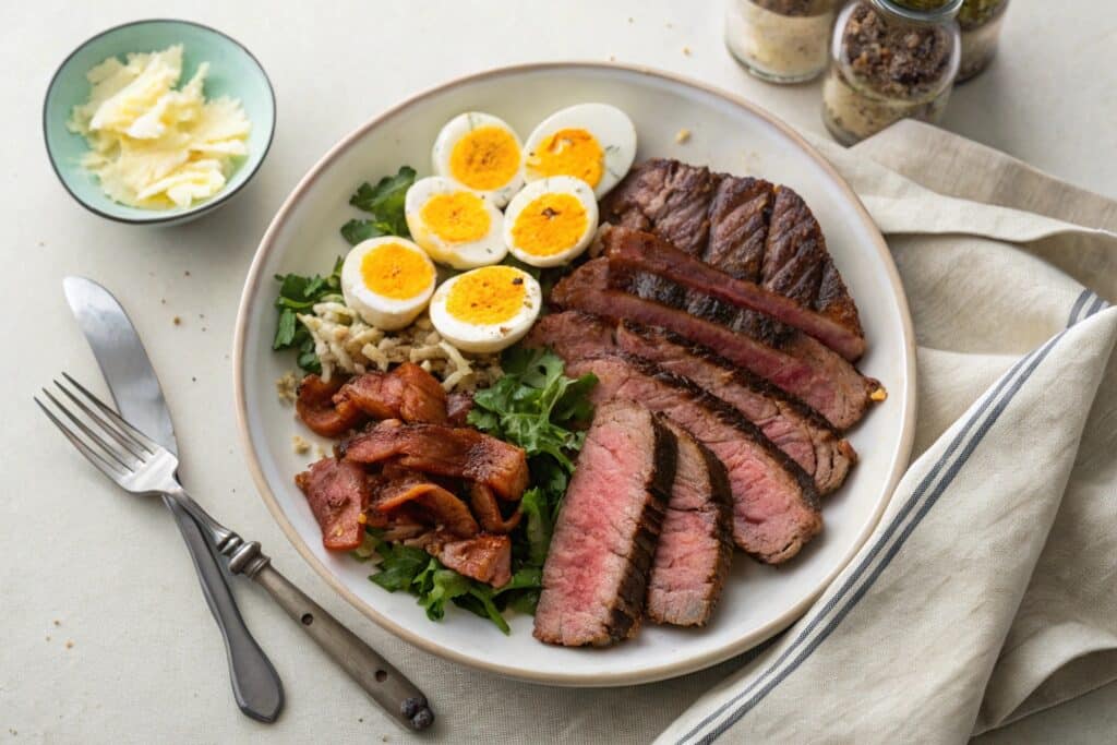Carnivore meal plate with steak, eggs, and bacon
