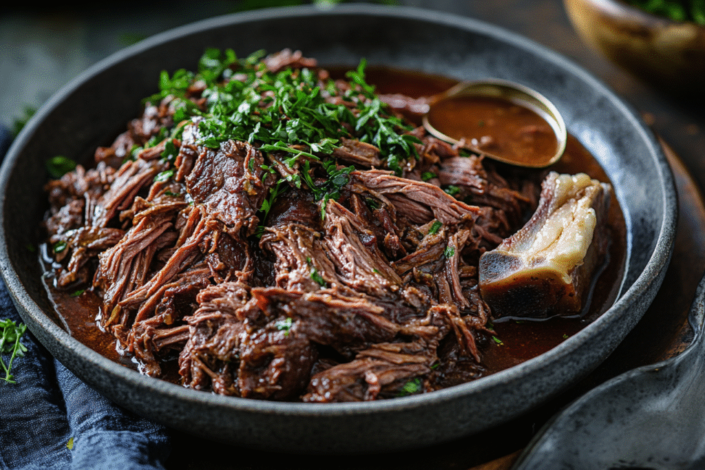 Carnivore slow cooker beef chuck roast with broth and bone marrow