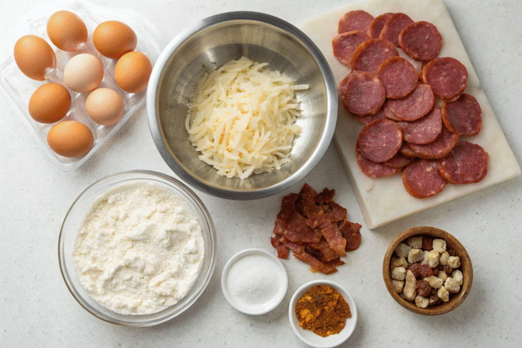 Carnivore Breakfast Pizza: The Ultimate High-Protein Morning Recipe 5 Carnivore pizza ingredients on kitchen counter