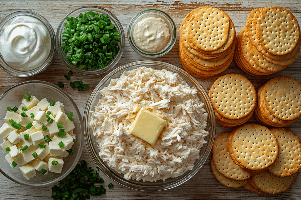 Ingredients for Ritz Cracker Chicken Casserole laid out on wood table