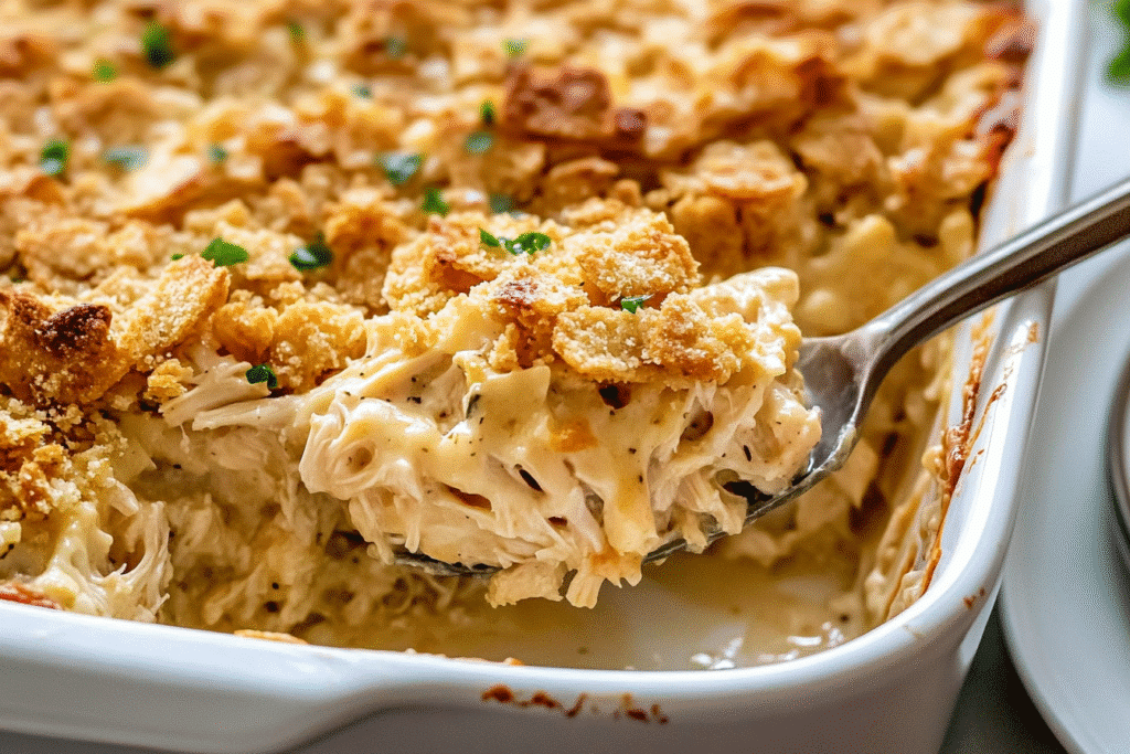 Ritz Cracker Chicken Casserole with buttery golden topping