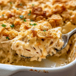 Ritz Cracker Chicken Casserole with buttery golden topping