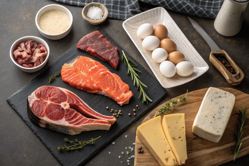 Carnivore grocery list flat lay with meats and eggs