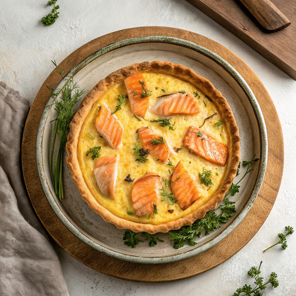 carnivore egg quiche and grilled salmon on rustic plate