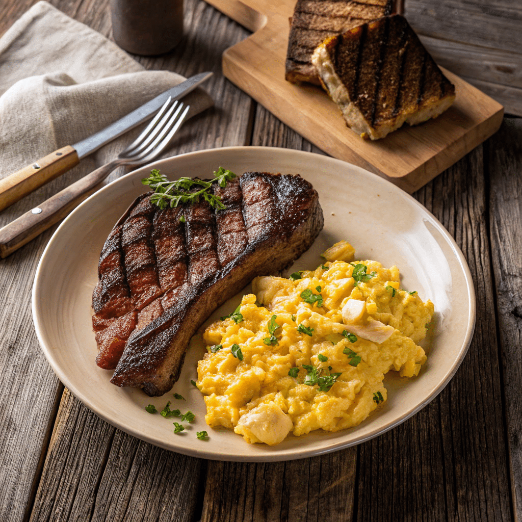scrambled eggs with grilled ribeye and bone broth on carnivore meal plate