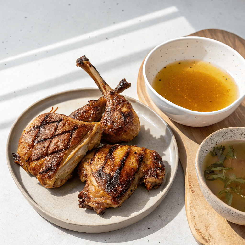 grilled lamb shoulder and chicken thighs with bone broth