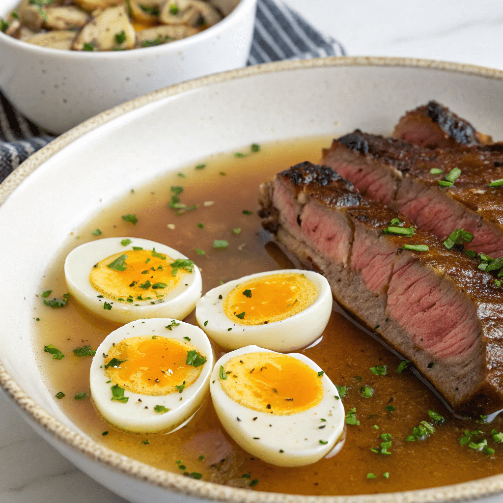 a bowl of meat and boiled eggs